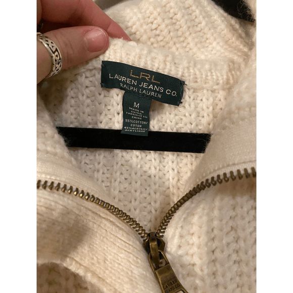 LRL Lauren Jeans Co. Off white Woven Zip-Up Jacket Sweater, Size Medium - Picture 2 of 5